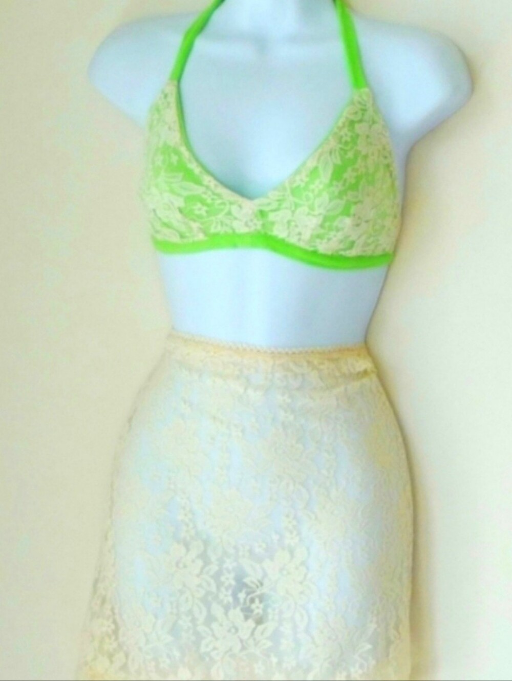 Top + Skirt Neon Green Bikini Top Reversible Lace Cotton St Patricks Celtic